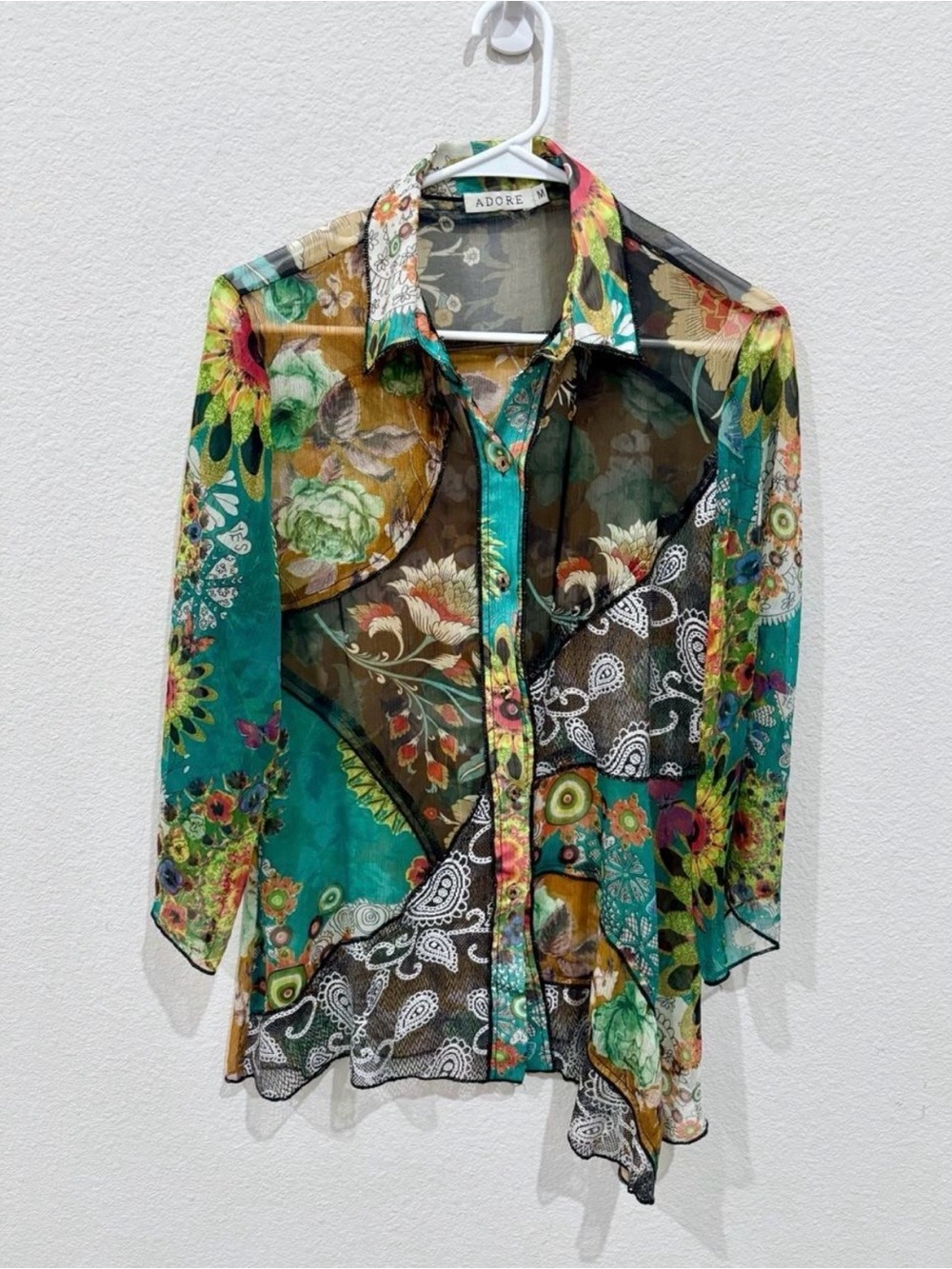 Adore Sheer Lace Vibrant Floral Paisley Patchwork Button Up Boho Blouse Medium